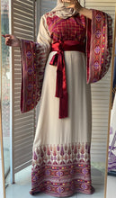 Very Unique Radan Sleeves Beige and Burgundy Thobe with Dense Embroidery and Satin Details
