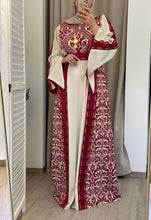 Rahaf Most Elegant Beige and Red Embroidered Thob with Satin and Manajil Details