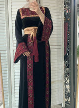 Black Velvet Thob Dress with Red Embroidery and Golden Satin Belt