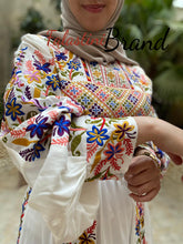 White Satin Flowy Thob Dress With Colorful Gorgeous Embroidery