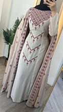 NOJOOM Very Unique Beige Dress with Red and Pink Embroidery and Flowy Shoulder Drapess