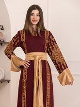 Karmel Burgundy Embroidered Thob Dress with Satin Sleeves Details