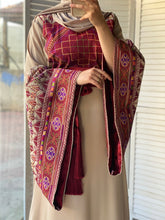 Very Unique Radan Sleeves Beige and Burgundy Thobe with Dense Embroidery and Satin Details