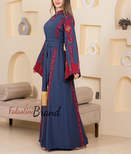 Very Chic Blue Embroidered Thob Dress With Wide Sleeves