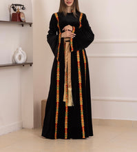 Black Velvet Elegance Stripes Embroidered Dress with Satin Belt