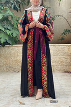 Most Elegant Full of Details Black Abaya with Burgundy Satin and Malak like Embroidery
