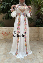 White Satin Flowy Thob Dress With Colorful Gorgeous Embroidery