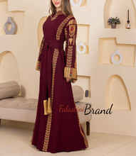 Very Chic Burgundy Embroidered Thob Dress With Wide Sleeves