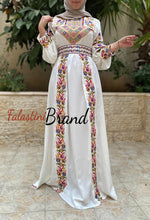 White Satin Flowy Thob Dress With Colorful Gorgeous Embroidery