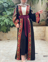 Most Elegant Full of Details Black Abaya with Burgundy Satin and Malak like Embroidery