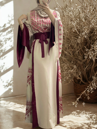 Cream and Berry Princess Thob Dress with Satin Details