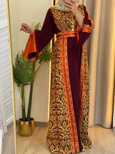 Rahaf Most Elegant Burgundy and Golden Embroidered Thob with Orange Satin and Manajil Details