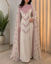 NOJOOM Very Unique Beige Dress with Red and Pink Embroidery and Flowy Shoulder Drapess