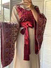 Very Unique Radan Sleeves Beige and Burgundy Thobe with Dense Embroidery and Satin Details