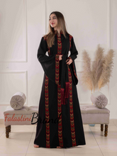 Elegant Palestinian Black Embroidered Stripes Abaya Dress with Wide Sleeves