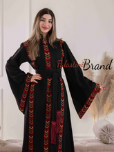 Elegant Palestinian Black Embroidered Stripes Abaya Dress with Wide Sleeves