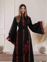 Elegant Palestinian Black Embroidered Stripes Abaya Dress with Wide Sleeves