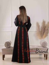 Elegant Palestinian Black Embroidered Stripes Abaya Dress with Wide Sleeves