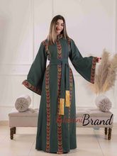 Elegant Palestinian Green Embroidered Stripes Abaya Dress with Wide Sleeves