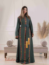 Elegant Palestinian Green Embroidered Stripes Abaya Dress with Wide Sleeves