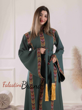 Elegant Palestinian Green Embroidered Stripes Abaya Dress with Wide Sleeves