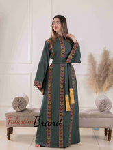 Elegant Palestinian Green Embroidered Stripes Abaya Dress with Wide Sleeves