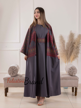 Elegant Gray Dress and Abaya Set with Palestinian Embroidery