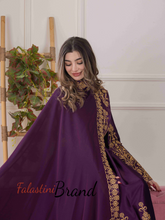 Luxurious Purple Dress with Golden Embroidery and Neck Drape Details