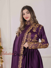 Luxurious Purple Dress with Golden Embroidery and Neck Drape Details