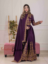 Luxurious Purple Dress with Golden Embroidery and Neck Drape Details