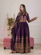 Luxurious Purple Dress with Golden Embroidery and Neck Drape Details