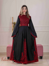 Flowy and Glamorous Black and Red Satin Dress with Rhinestones