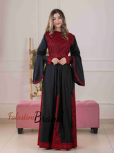 Flowy and Glamorous Black and Red Satin Dress with Rhinestones