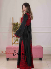 Flowy and Glamorous Black and Red Satin Dress with Rhinestones
