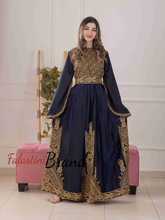 Flowy and Glamorous Navy Blue and Golden Satin Dress with Rhinestones