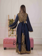 Flowy and Glamorous Navy Blue and Golden Satin Dress with Rhinestones