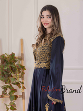 Flowy and Glamorous Navy Blue and Golden Satin Dress with Rhinestones