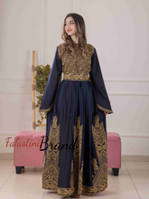 Flowy and Glamorous Navy Blue and Golden Satin Dress with Rhinestones