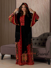Very Elegant Wide Sleeves Black and Red Embroidered Thob with Golden and Malak Details and Head Scarf