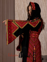 Very Elegant Wide Sleeves Black and Red Embroidered Thob with Golden and Malak Details and Head Scarf
