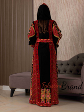 Very Elegant Wide Sleeves Black and Red Embroidered Thob with Golden and Malak Details and Head Scarf