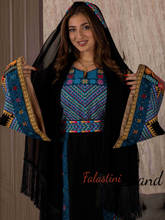 Very Elegant Wide Sleeves Black and Blue Embroidered Thob with Malak and Golden Details and Head Scarf