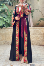 Most Elegant Full of Details Black Abaya with Burgundy Satin and Malak like Embroidery