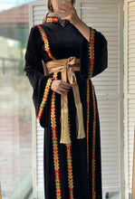 Black Velvet Elegance Stripes Embroidered Dress with Satin Belt