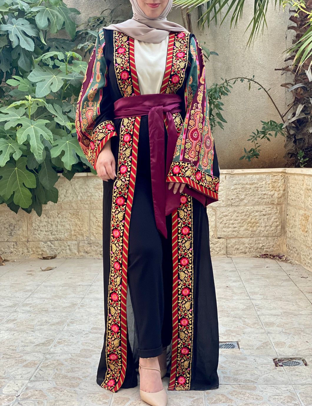 Most Elegant Full of Details Black Abaya with Burgundy Satin and Malak like Embroidery