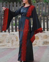 Black Satin Abaya Dress with Red Embroidery and Wide Sleeves