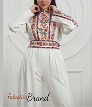 Stylish White Jumpsuit Dress with Floral Palestinian Embroidery and Back Skirt