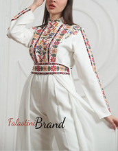 Stylish White Jumpsuit Dress with Floral Palestinian Embroidery and Back Skirt