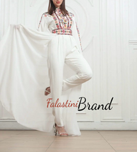 Stylish White Jumpsuit Dress with Floral Palestinian Embroidery and Back Skirt