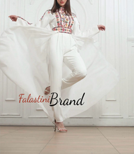 Stylish White Jumpsuit Dress with Floral Palestinian Embroidery and Back Skirt